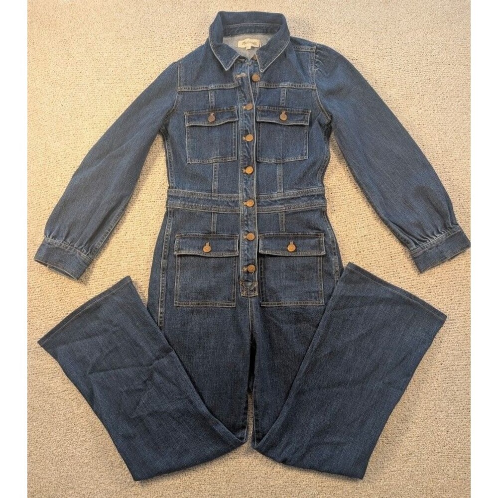 Madewell Denim Flare Coveralls Jumpsuit Size 00 100% Cotton